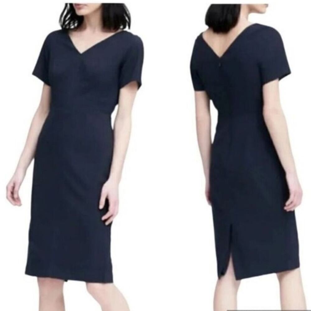 Banana Republic Lightweight Stretch Wool Sheath Dress 12 Navy V Neck Career